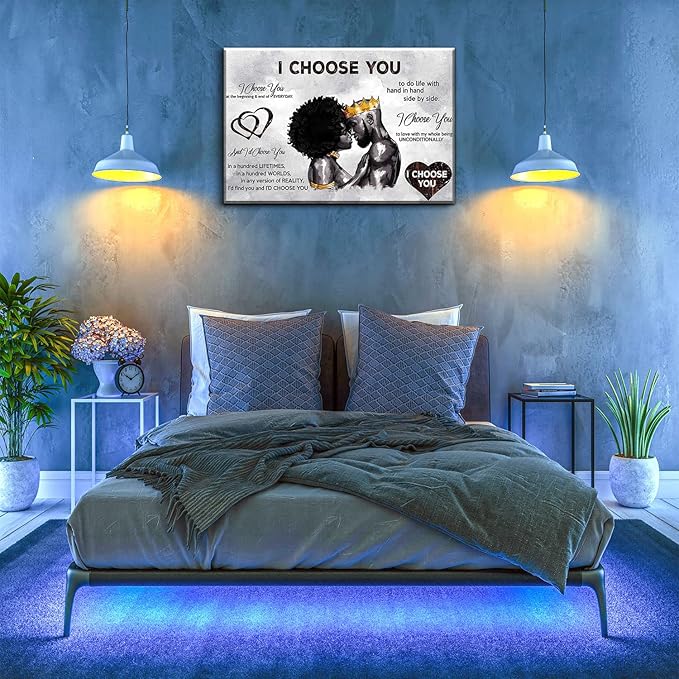 Framed African American Canvas Prints Black Couple I Choose You Poster Black King and Queen Wall Art Afro Black Romantic Couple Wall Art for Bedroom Living Room Decor(Black couple, 24in×16in)