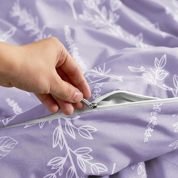 MUXHOMO Duvet Cover King Size, Reversible Floral Lavender Duvet Cover Set with Zipper Closure, 3 Pieces Botanical Patterns Soft Microfiber Bedding Set (90"x104", 2 Pillow Cases 20"×36")