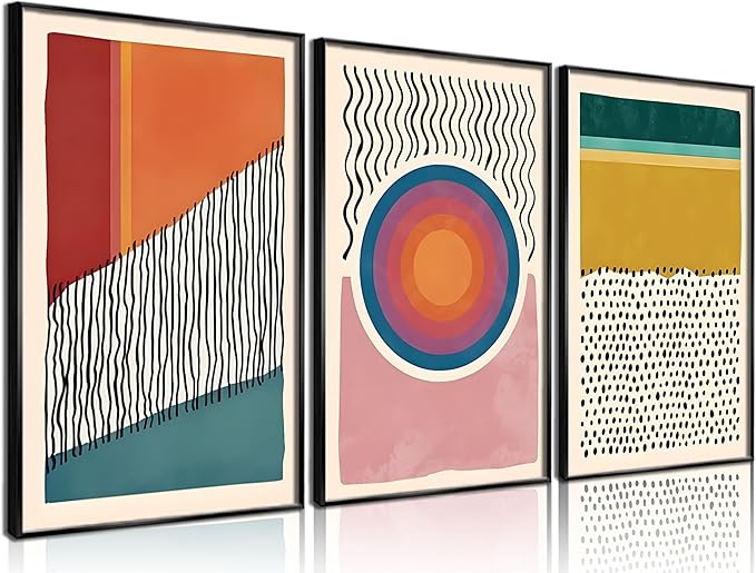 3pcs Boho Wall Art Mid Century Modern Wall Decor Posters Abstract Color Block Geometric Canvas Paintings Prints Colorful Simple Line Pictures for Living Room Bedroom Home Decoration（12x16） (Unframed,