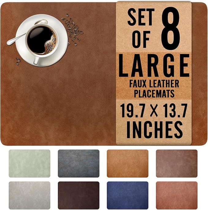 UnivoColors Washed Cowhide Pattern Faux Leather Big Size Placemats Set of 8, Waterproof Easy to Clean Anti-Slip PU Table Mats for Party Decoration19.7″×13.6″,Red Brown Retro Cowhide Pattern