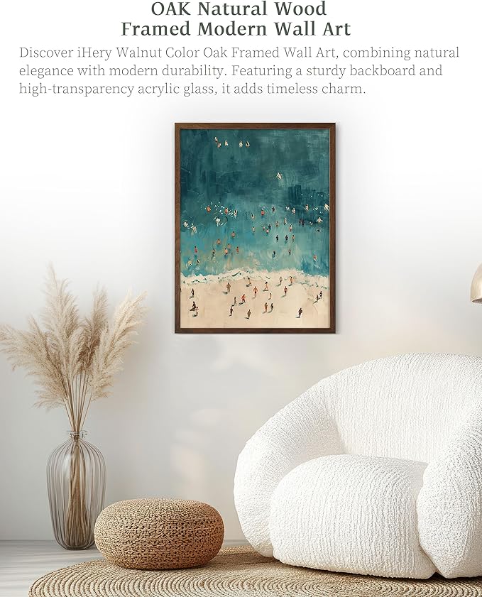 iHery Natural OAK Wood Walnut Color Framed Wall Art, 12x16 in Fashion Summer Tiny People Swimming In Ocean Canvas Wall Decor, Minimalist Beach Air For Bedroom Bathroom Living Room 1Pack