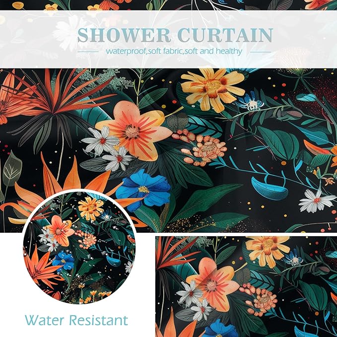 Aimego Black Floral Shower Curtain - Dark Vintage Flower Plants Boho Chic Colorful Botanical Leaves Fabric Cloth Bath Shower Curtain Set with 12 Hooks for Bathroom Decor Accessories, 72"x72"