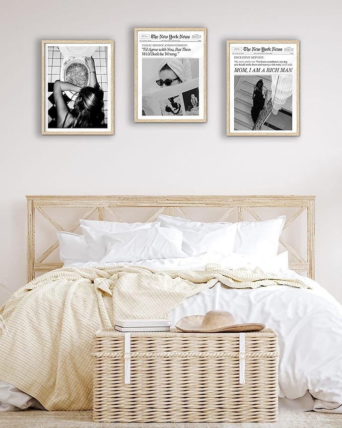 EcoHest Trendy Newspaper Framed Wall Art, 12x16 in OAK Wood Mom I Am a Rich Man Canvas Art, Magazine Girly Poster College Dorm Decor, Beige Logs Set of 1 for Bedroom Living Room