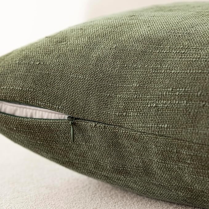 Foindtower Pack of 2 Textured Chenille Throw Decorative Pillow Covers Square Accent Solid Cushion Cover Neutral Farmhouse Lumbar Pillow Case for Couch Sofa Bedroom Living Room 12x20 Inch,Dark Green