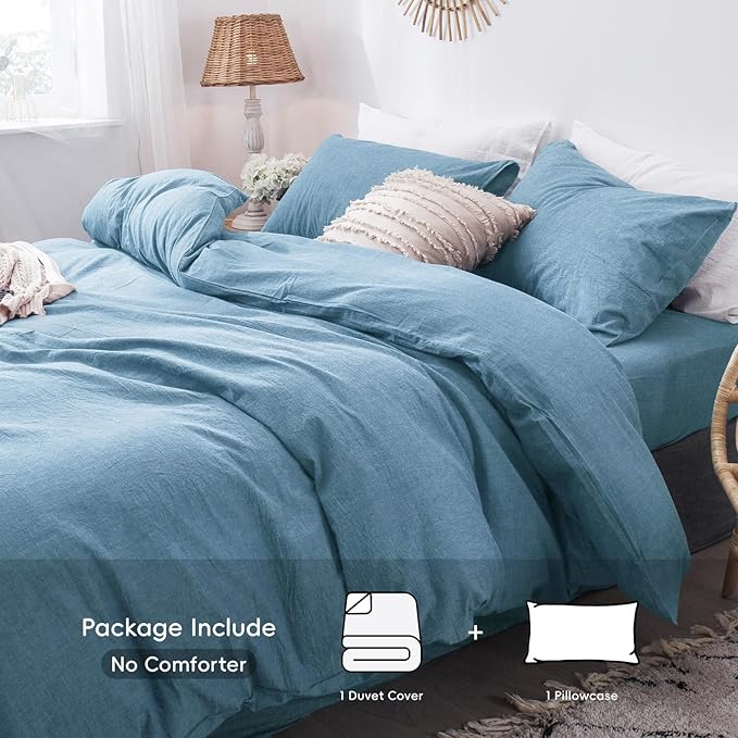 MooMee Bedding Duvet Cover Set 100% Washed Cotton Linen Like Textured Breathable Durable Soft Comfy (Heathered Peacock Blue, Twin 68"x90")