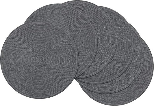 SHACOS Round Placemats Set of 6 Washable 15 inch Round Table Mats Cotton Polyester Woven Braided Place Mats for Dining Table (Charcoal Gray, 6)