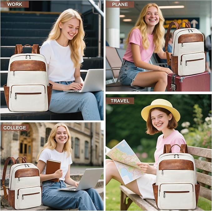 Leather Laptop Backpack for Women 15.6 Inch Laptop Travel Backpack Purse Casual Daypack with Laptop Compartment for College Work Nurse Business Weekender, Beige Brown
