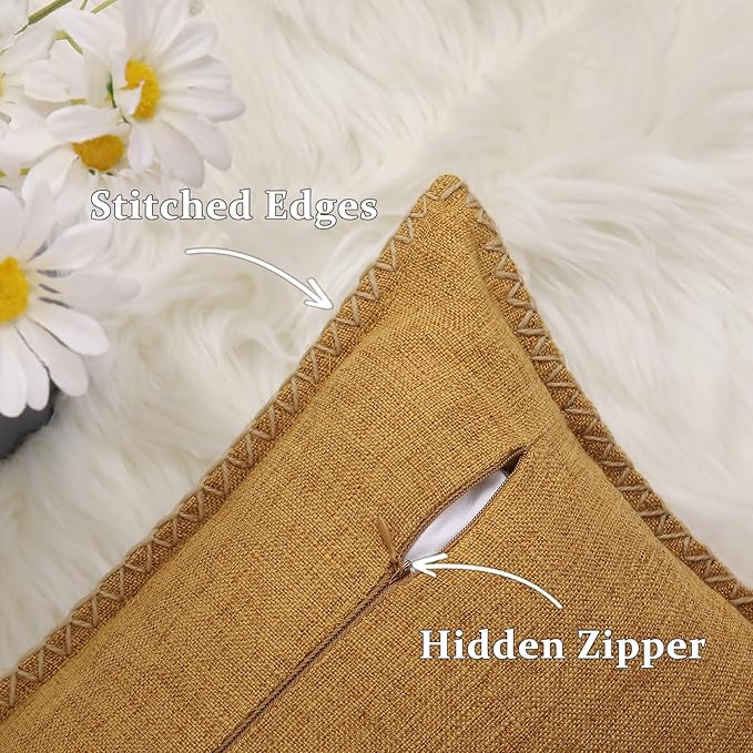 decorUhome Decorative Outdoor Throw Pillow Covers 22x22 Set of 2, Square Linen Rustic Neutral Farmhouse Euro Pillow Covers with Stitched Edge for Couch, Sofa, Living Room, Bronze Gold