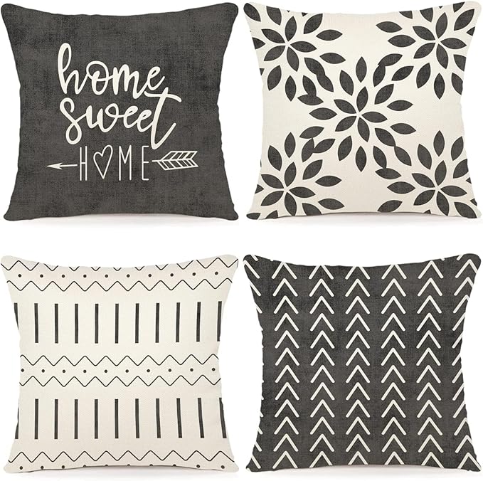 YCOLL Pillow Covers 16x16 Set of 4, Modern Sofa Throw Pillow Cover, Decorative Outdoor Linen Fabric Pillow Case for Couch Bed Car, Rustic Gray