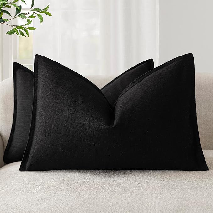 Foindtower Pack of 2, Decorative Linen Soild Throw Pillow Covers Soft Accent Lumbar Cushion Case Boho Farmhouse Pillowcase for Chair Couch Sofa Bedroom Living Room Home Decor 12 x 20 Inch Black
