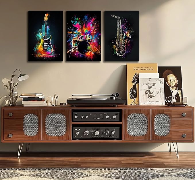 3pcs Musical Instrument Graffiti Canvas Wall Art Pop Music Instrument Style Wall Decor Pictures Rock Electric Guitar Jazz Drum Posters Prints for Teenagers Living Room Bedroom Home Decoration Framed