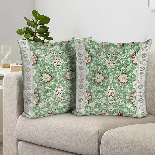 Boho Floral Throw Pillow Covers 16x16 inch Set of 2,Green Boho Rug Geometric Floral Pattern Decor Double Sided Pattern Cushion Cover Soft Pillow Case Living Sofa Room Bed Square Pillow Cover