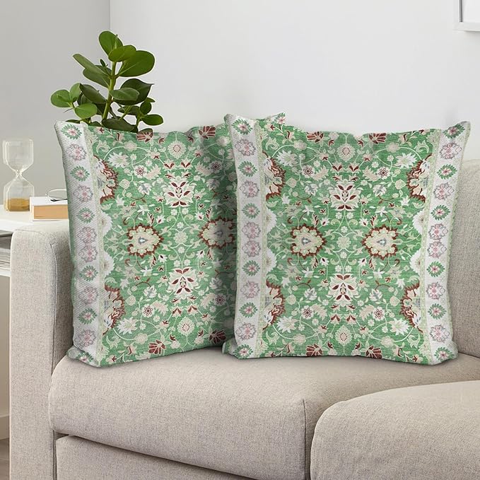 Boho Floral Throw Pillow Covers 20x20 inch Set of 2,Green Boho Rug Geometric Floral Pattern Decor Double Sided Pattern Cushion Cover Soft Pillow Case Living Sofa Room Bed Square Pillow Cover