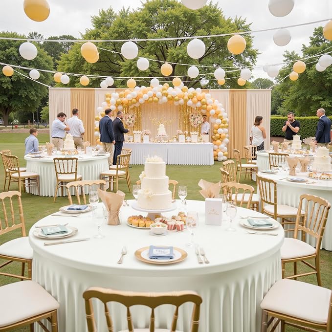 Outpain 12 Pack Spandex Ivory Round Tablecloths for 60in Tables, 120Inch Stretchy Fitted 5FT Round Table Clothes,Wrinkle Free Table Cover with Skirt for Wedding Party Dining Banquet