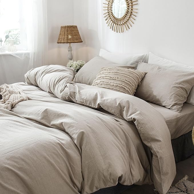 MooMee Bedding Duvet Cover Set 100% Washed Cotton Linen Like Textured Breathable Durable Soft Comfy (Heathered Tannish Linen Grey, Alaska King 132"x120")