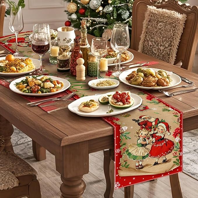 Merry Christmas Burlap Table Runner Seasonal Spring Fall Kitchen Dining Linen Table Decoration for Indoor Outdoor Home Party Dinner 13x72 Inch
