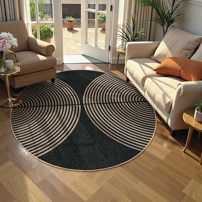 Lahome Modern Rainbow Round Rug, 6ft Easy Jute Circle Patio Rug Washable Indoor Outdoor Carpet for Living Room, Farmhouse Natural Contemporary Round Mat for Entryway Backyard Porch
