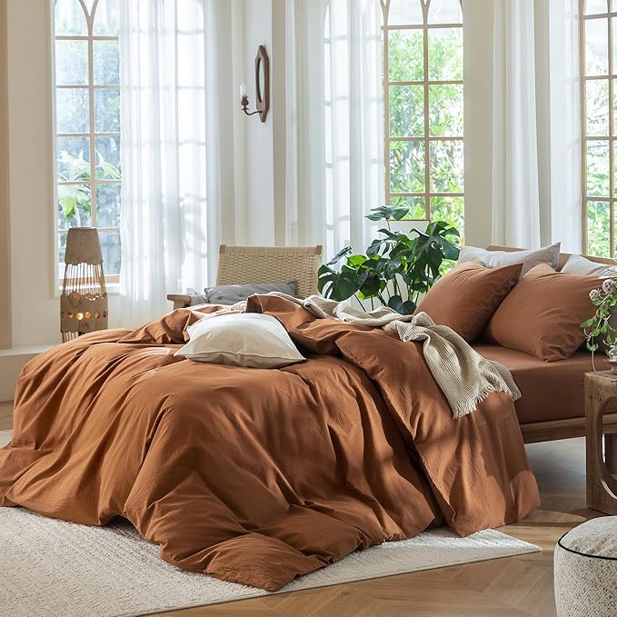 MooMee Bedding Duvet Cover Set 100% Washed Cotton Linen Like Textured Breathable Durable Soft Comfy (Solid Dark Orange, King 104"x90")