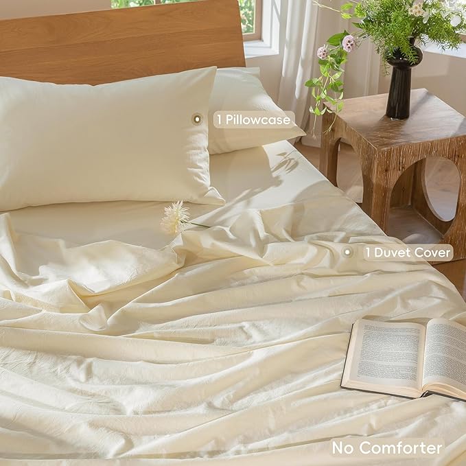 MooMee Bedding Duvet Cover Set 100% Washed Cotton Linen Like Textured Breathable Durable Soft Comfy (Solid Cream White, Twin 68"x90")