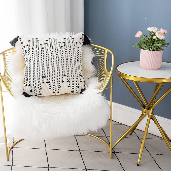 LIGICKY Boho Throw Pillow Covers with Tassel Decorative Square Woven Pillowcase for Couch Sofa Bed, Black and White 18x18 Inch