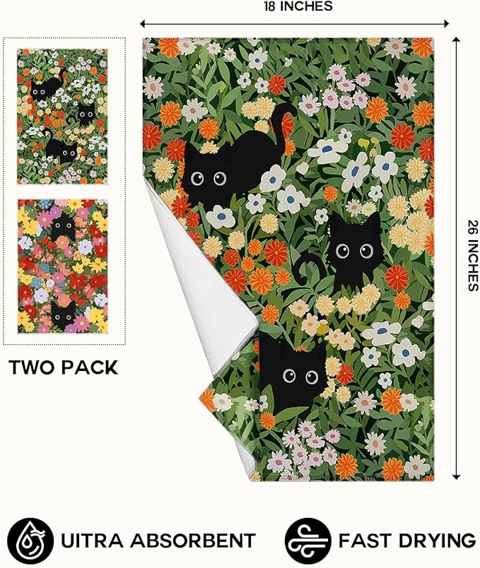 Microfiber Kitchen Towels - Set of 2 Dish Towels for Kitchen 18 x 26 Inch Home Decoration Cat Flower Cute Spring Hand Towels Soft & Absorbent Aesthetic Design