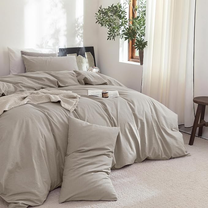 FOSSA Duvet Cover Set 100% Washed Cotton Linen Feel Super Soft Breathable Cozy Simple Style 3 Pieces Bedding Sets Solid Cream Grey Oversized King Plus