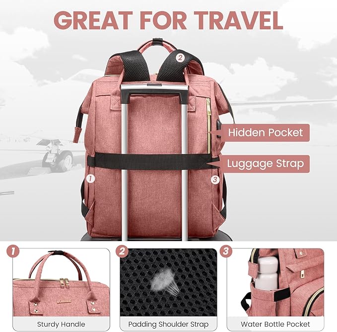 LOVEVOOK Laptop Backpack for Women, 15.6 Inch Professional Womens Travel Backpack Purse Computer Bag, Waterproof College Work Bag Carry On with USB Port, Light-pink