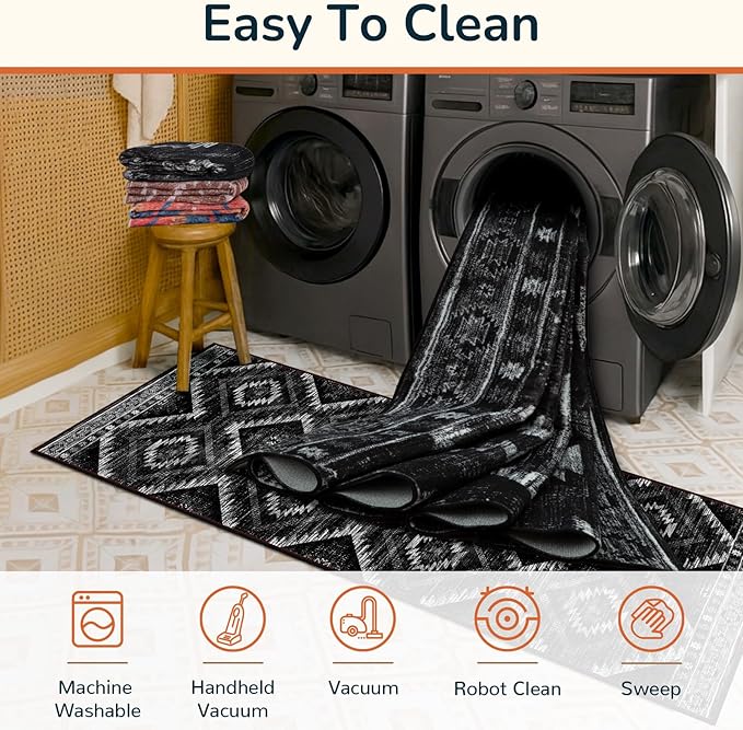 Area Rug 2x3 Rug Machine Washable Non-Slip Low Pile Print Pattern Western Rug for Living Room Bedroom Entryway Tribal Series-Black