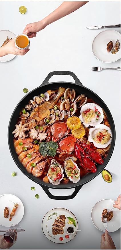 LI-GELISI 18-inch Pre-Seasoned Cast Iron Skillet - Dual Assist Handles - Nitrided Rust-Proof - For Oven, Stovetop, Grill & Campfire