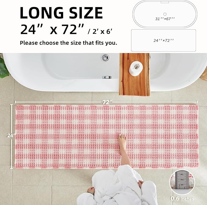 Waffle Runner Rug Bathroom, Long Boho Bathroom Rugs Non Slip Washable Absorbent Checkered Bathroom Mat Quick Dry Cute Bath Mat, 72"x24" Pink and White