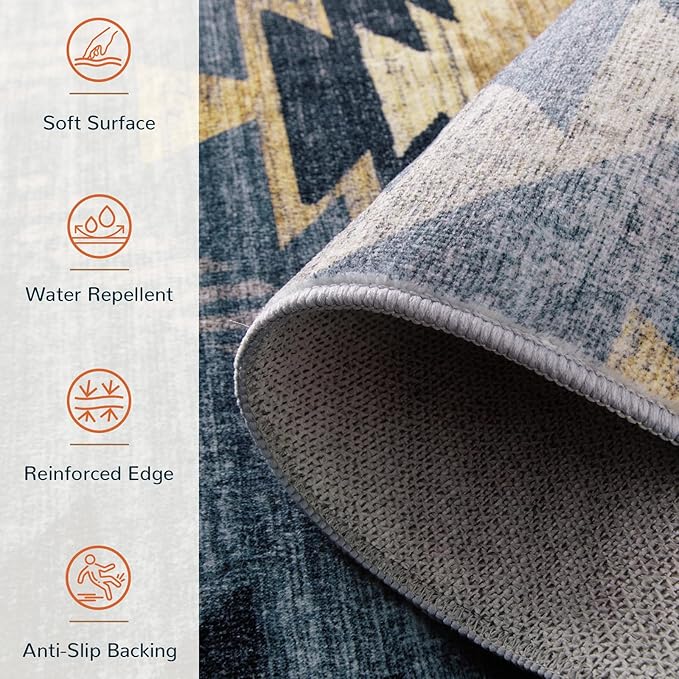 Area Rug 6x9 Rug Machine Washable Rug Non-Slip Low Pile Print Pattern Western Rug for Living Room Bedroom Entryway Tribal Series -Navy/Grey