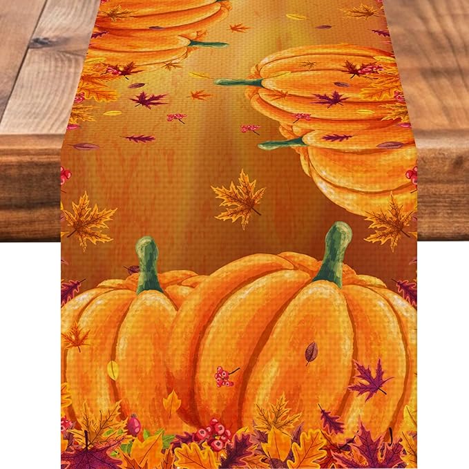 Orange Grey Abstract Art Painting Burlap Table Runner Seasonal Spring Fall Kitchen Dining Linen Table Decoration for Indoor Outdoor Home Party Dinner 13x72 Inch (Thanksgiving Pumpkin)