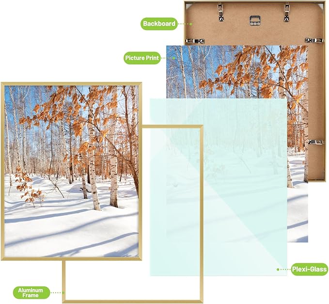 Golden State Art, 14x18 Aluminum Picture Frame, Gold Metal Thin Poster Frames for 14 x 18 inch Photo, Acrylic Front, Wall Hook for Horizontal or Vertical Display, 3 Pack