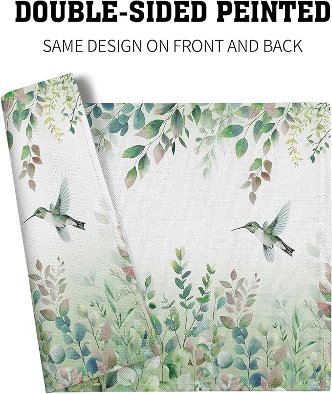 Giwawa 4PCs Hummingbird Placemats for Kitchen Dining, Spring Summer Sage Green Eucalyptus Leaf Herb Botanical Washable Linen Place Table Mat 12x18in for Tabletop Holiday Party Picnic Decor