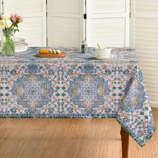 Horaldaily Boho Bohemia Style Tablecloth 60×60 Inch Square, Blue Vintage Country Rustic Farmhouse Magical Fall Orange Washable Seasonal Table Cover for Party Picnic Dinner Decor