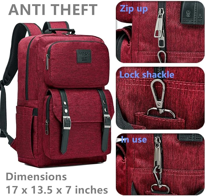 HFSX Laptop Backpack Women Men College Backpacks Bookbag Vintage Backpack Book Bag Fashion Back Pack Anti Theft Travel Backpacks with Charging Port fit 15.6 Inch Laptop Red