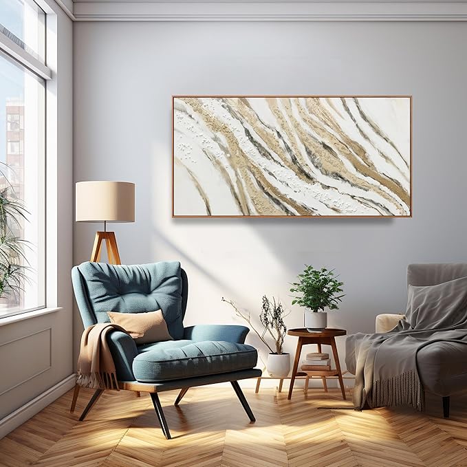 Abstract Wall Art Framed Artwork Abstract Painting With Golden And White Lines Decor Modern Canvas Wall Decor Suitable For Bedroom Apartment Office Dining Room Wall Decor Can Be Hang 24"X48"
