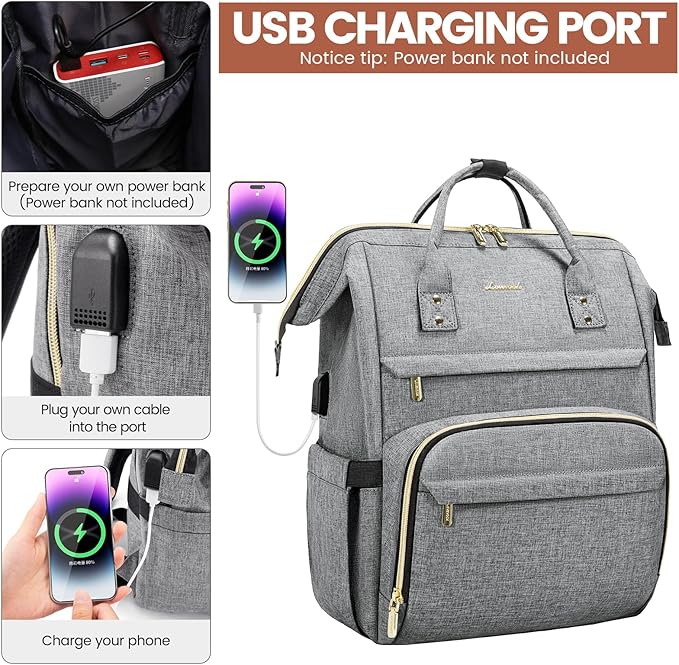 LOVEVOOK Laptop Backpack for Women,17 Inch Professional Womens Travel Backpack Purse Computer Laptop Bag Nurse Teacher Backpack,Waterproof College Work Bags Carry on Back Pack with USB Port,Grey