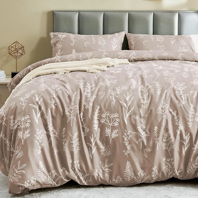 MUXHOMO Duvet Cover Full Size, Reversible Floral Taupe Duvet Cover Set with Zipper Closure, 3 Pieces Botanical Patterns Soft Microfiber Bedding Set with 4 Ties (80"x90", 2 Pillow Cases)