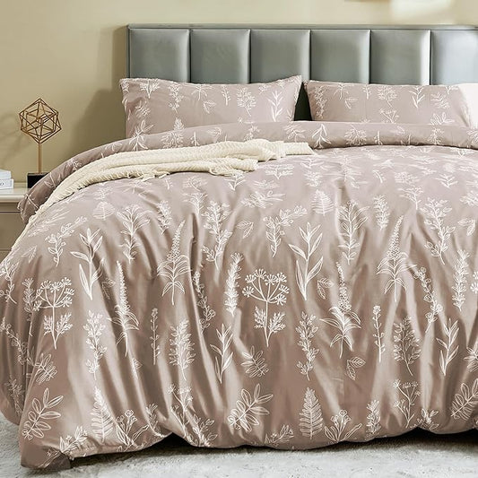 MUXHOMO Duvet Cover King Size, Reversible Floral Taupe Duvet Cover Set with Zipper Closure, 3 Pieces Botanical Patterns Soft Microfiber Bedding Set with 4 Ties (90"x104", 2 Pillow Cases)