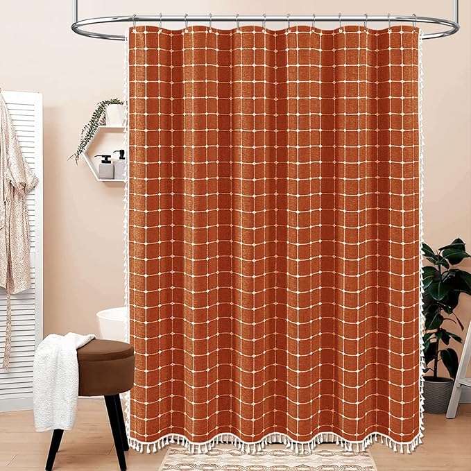 BTTN Extra Long Shower Curtain - 72x84 Inch Long Boho Chic Tassel Linen Fabric Shower Curtain Set with Hooks, Tall Modern Farmhouse Elegant Heavy Duty Cloth Shower Curtains for Bathroom - Burnt Orange