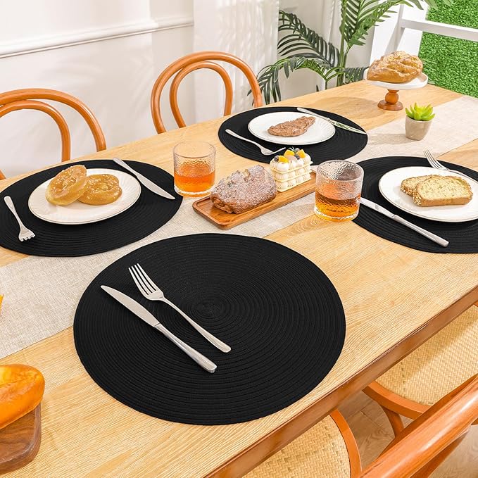 SHACOS Round Braided Placemats Set of 6 Cotton Polyester Heavy Duty 15 inch Round Table Mats Washable Heat Resistant Place Mats (Black, 6)
