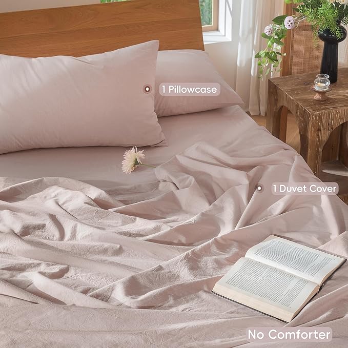 MooMee Bedding Duvet Cover Set 100% Washed Cotton Linen Like Textured Breathable Durable Soft Comfy (Heathered Greyish Pink, Twin 68"x90")