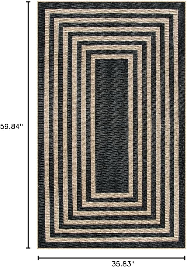 Lahome Modern Geometric Easy Jute Outdoor Rug, 3x5 Black Indoor Outdoor Carpet for Living Room Entryway, Farmhouse Non Slip Non Shedding Washable Area Rug for Patio Courtyard Bedroom