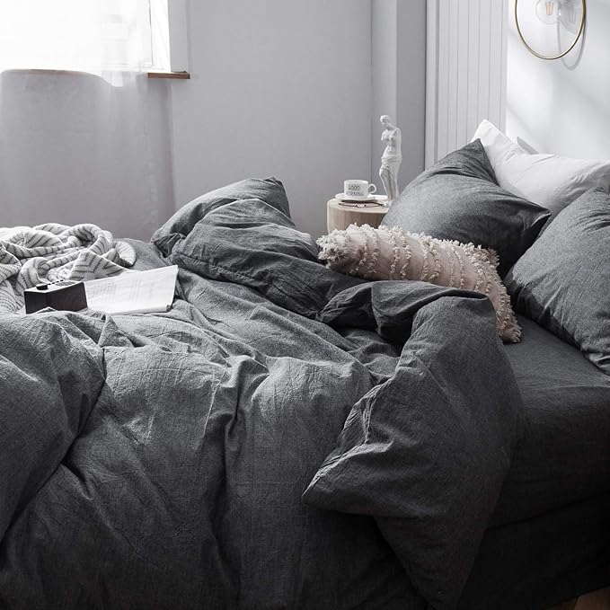 MooMee Bedding Duvet Cover Set 100% Washed Cotton Linen Like Textured Breathable Durable Soft Comfy (Heathered Dark Grey, Queen 90"x90")