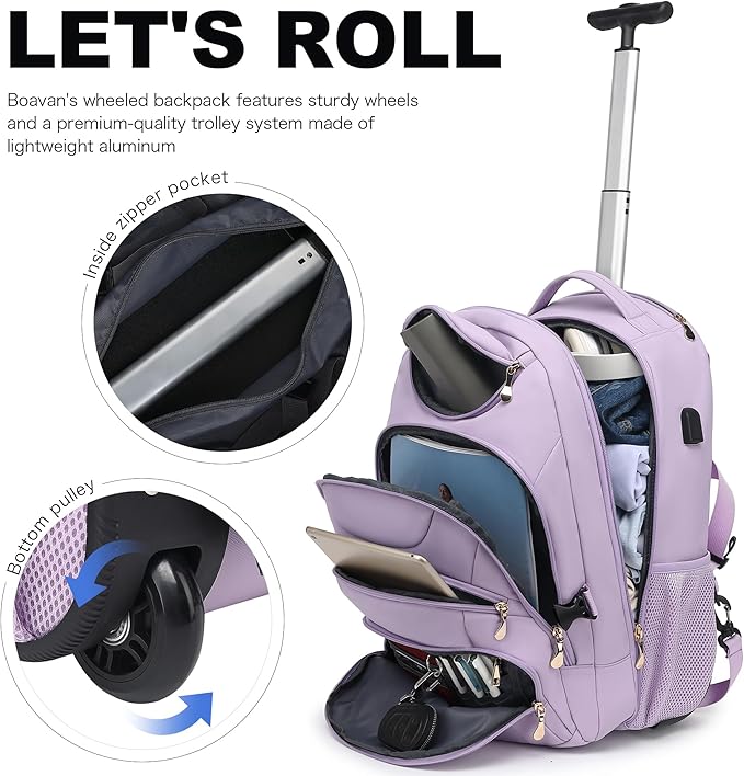 Boavan Rolling Backpack for Women, 17.3 Inch Wheeled Laptop Backpack,Large Travel CarryOn Bag for Teachers College Students, USB Charging Port Waterproof Business for Airplane Overnight Luggage，Purple
