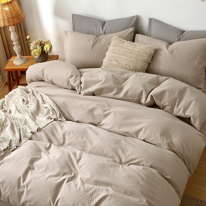 MooMee Bedding Duvet Cover Set 100% Washed Cotton Linen Like Textured Breathable Durable Soft Comfy (Heathered Taupe, Twin 68"x90")
