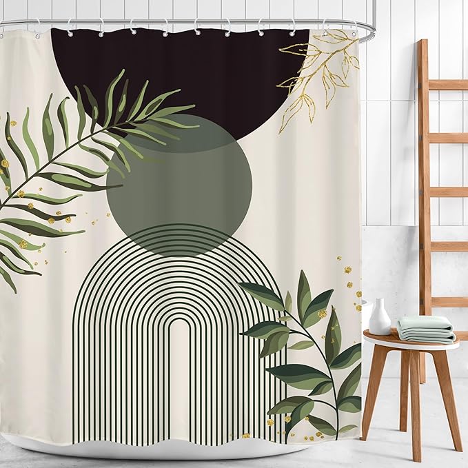 Dark Green Boho Shower Curtain 60Wx72H Black Green Modern Bohemian Mid Century Abstract Gold Leaves Plant Bathroom Decor Minimalist Geometric Neutral Bath Curtain Fabric Polyester 12 Pack Hooks