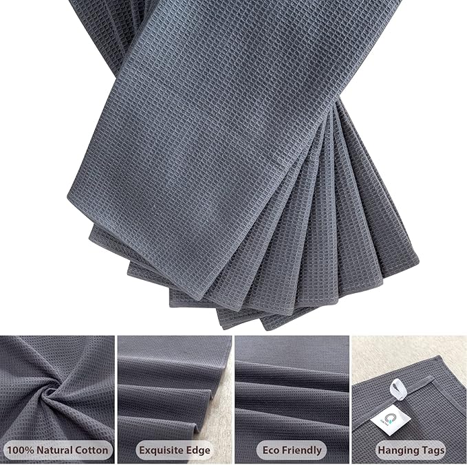 QUILTINA Dish Towels Set,100% Cotton Waffle Weave Kitchen Towels 6 Pack,17 x 25 Inches Dish Towels for Kitchen,Super Absorbent for Drying and Cleaning (Gray)