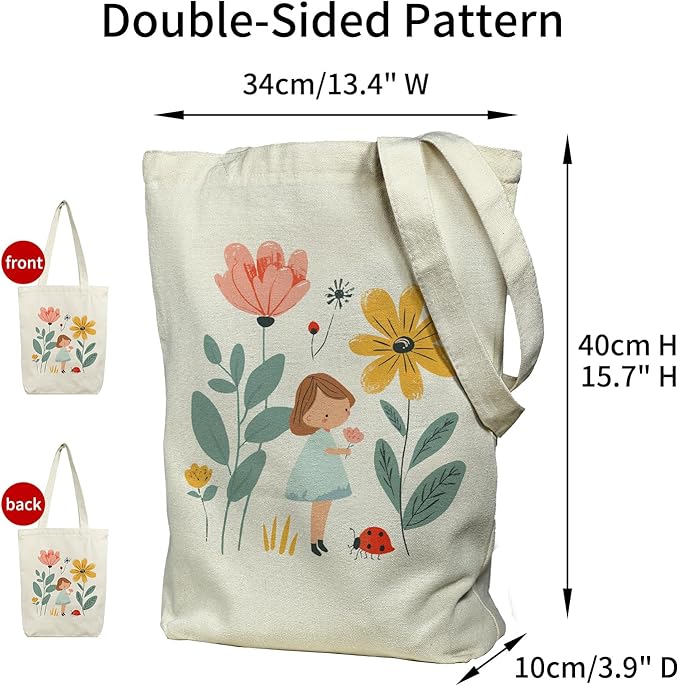 Canvas Tote Bag for Women, Aesthetic Tote Bag with Zipper Pocket for Grocery Travel Work Gift, Canvas Shopping Bag